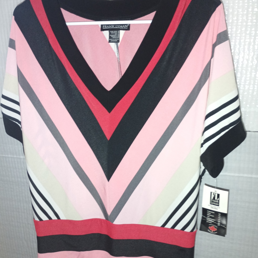 Frank Lyman Black, White & Pink Striped V-Neck Top